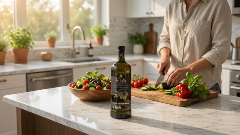 Atlas Organic Extra Virgin Olive Oil 1-liter bottle on a kitchen island with a fresh salad and vegetables being prepared