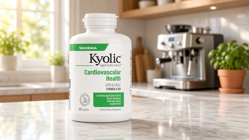 Kyolic Formula 100 aged garlic extract bottle on a marble kitchen counter with an espresso machine and potted herb behind it