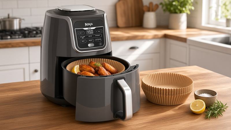 Grey Ninja Max air fryer on a wood counter, its basket lined with a round parchment liner holding crispy wings and a lemon wedge, beside a stack of paper liners, half a lemon, a dish of salt and a sprig of rosemary.