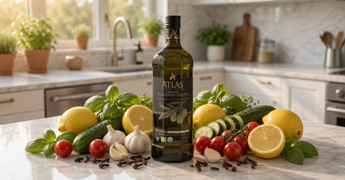 Atlas Organic Extra Virgin Olive Oil 1-liter bottle surrounded by fresh vegetables, garlic, and lemons