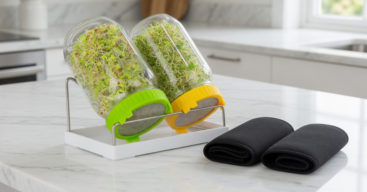 Two Kitmiido sprouting jars uncovered in soft indirect daylight, with green and yellow mesh lids on the wire stand and white tray