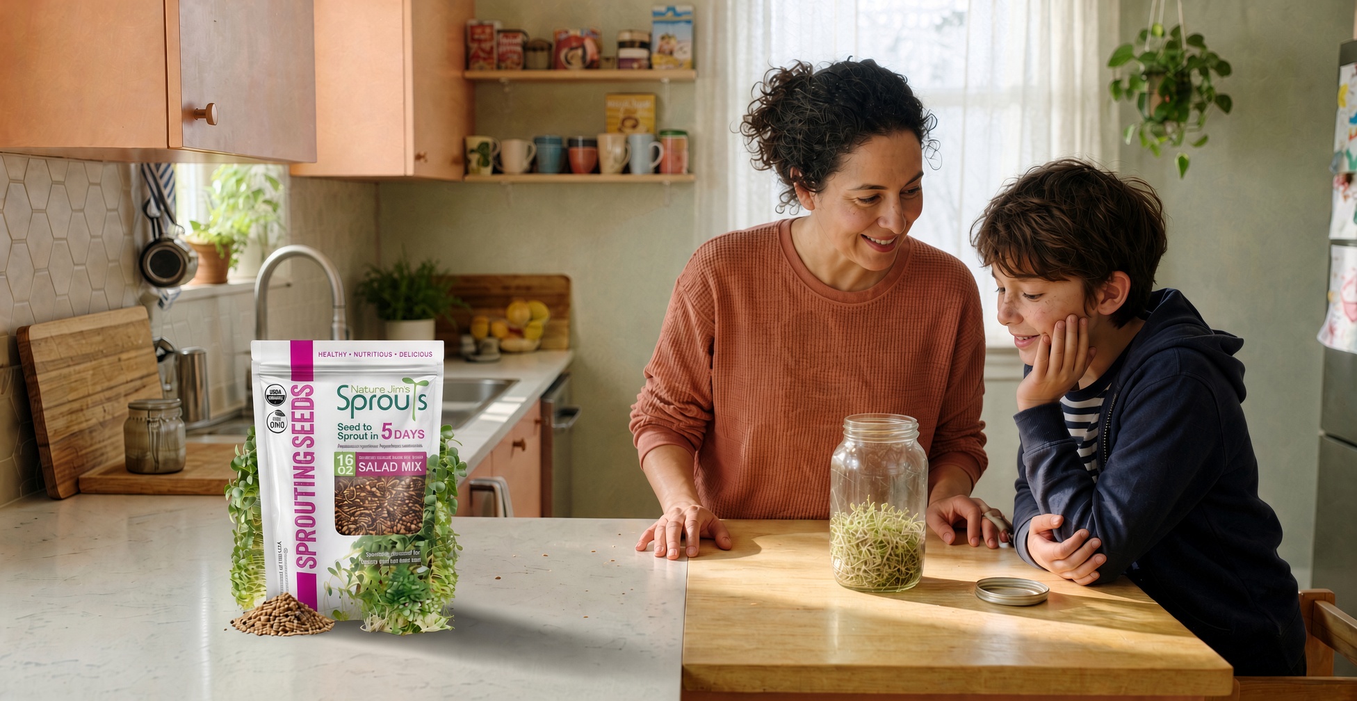 A smiling mother and child watch a jar of mixed sprouts growing together in their kitchen.