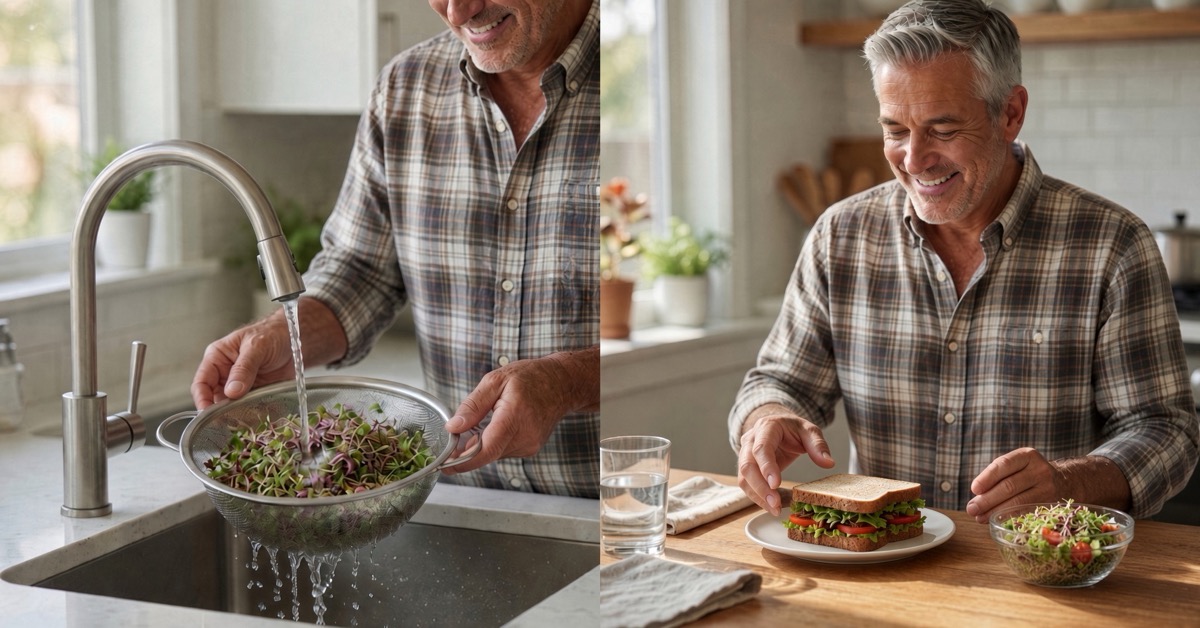 A man rinses mixed sprouts under a running faucet into a supported colander, then enjoys a healthy sandwich and small sprout salad.