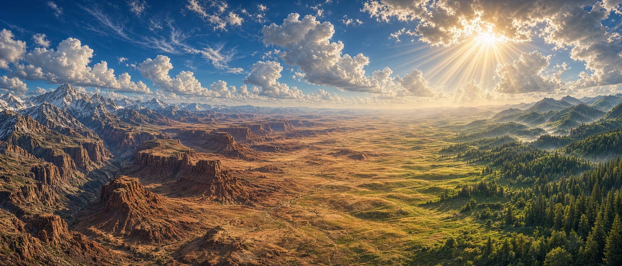 Sunlight breaks through clouds over a panoramic American landscape of rugged mountains, desert canyons, open plains, and forested hills.