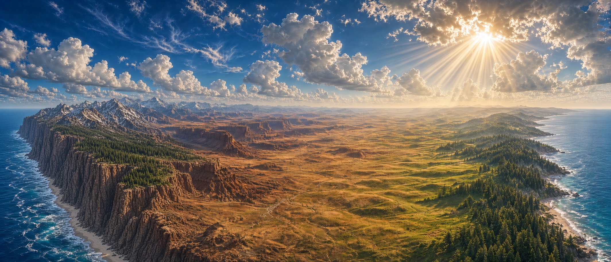 Sunlight shines over a panoramic landscape of mountains, canyons, plains, forests, and ocean coastlines.