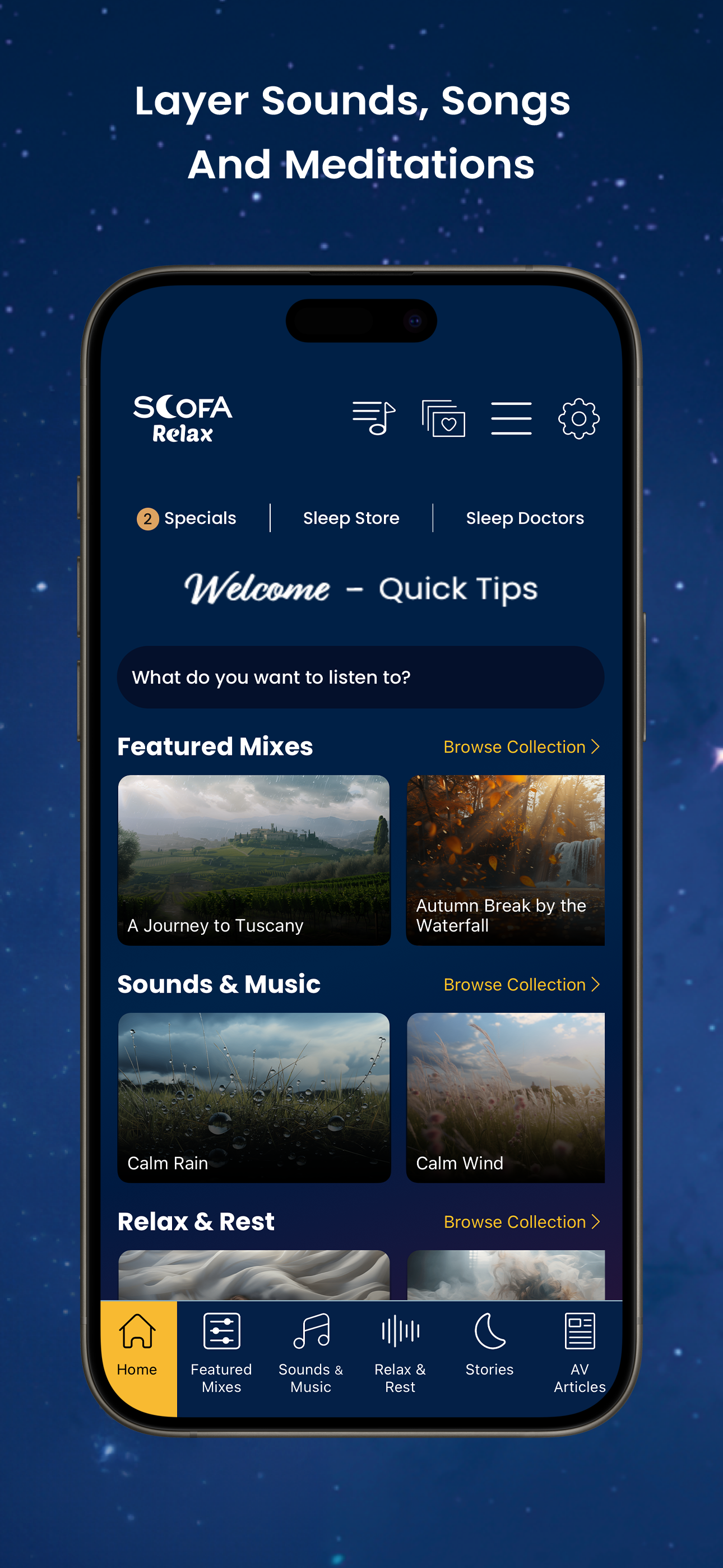 New Scofa Relax iPhone home page showing featured mixes and sounds